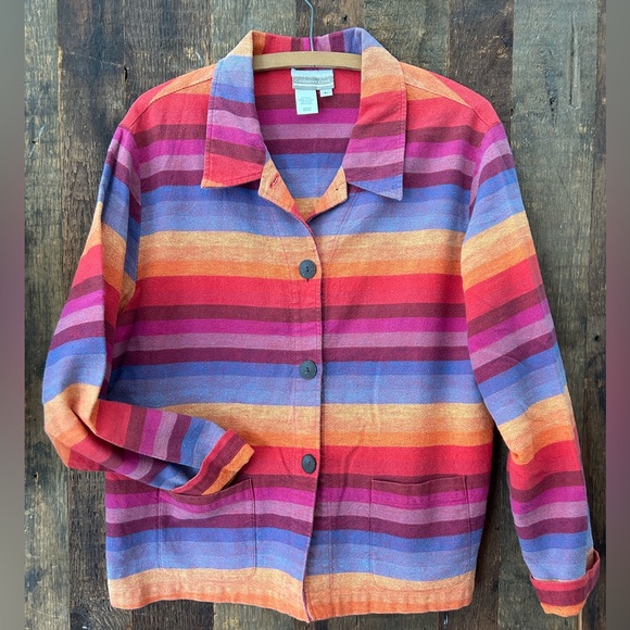90’s Coldwater Creek rainbow stripe chore jacket colorful linen size W’s Large - Picture 1 of 3
